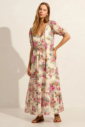 NonChafeSeams Evie Off White Floral Puff Sleeve Midi Dress