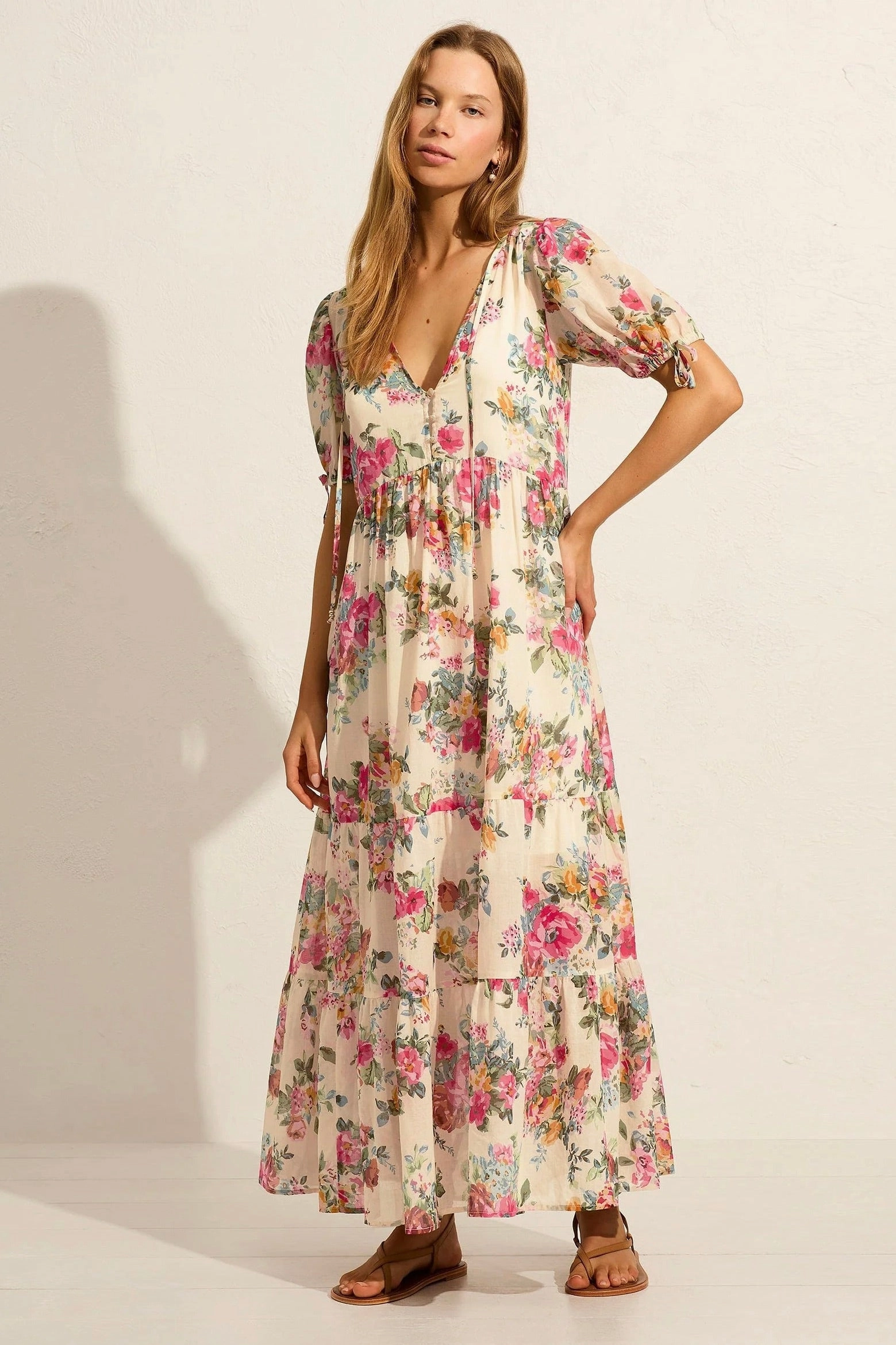 NonChafeSeams Evie Off White Floral Puff Sleeve Midi Dress