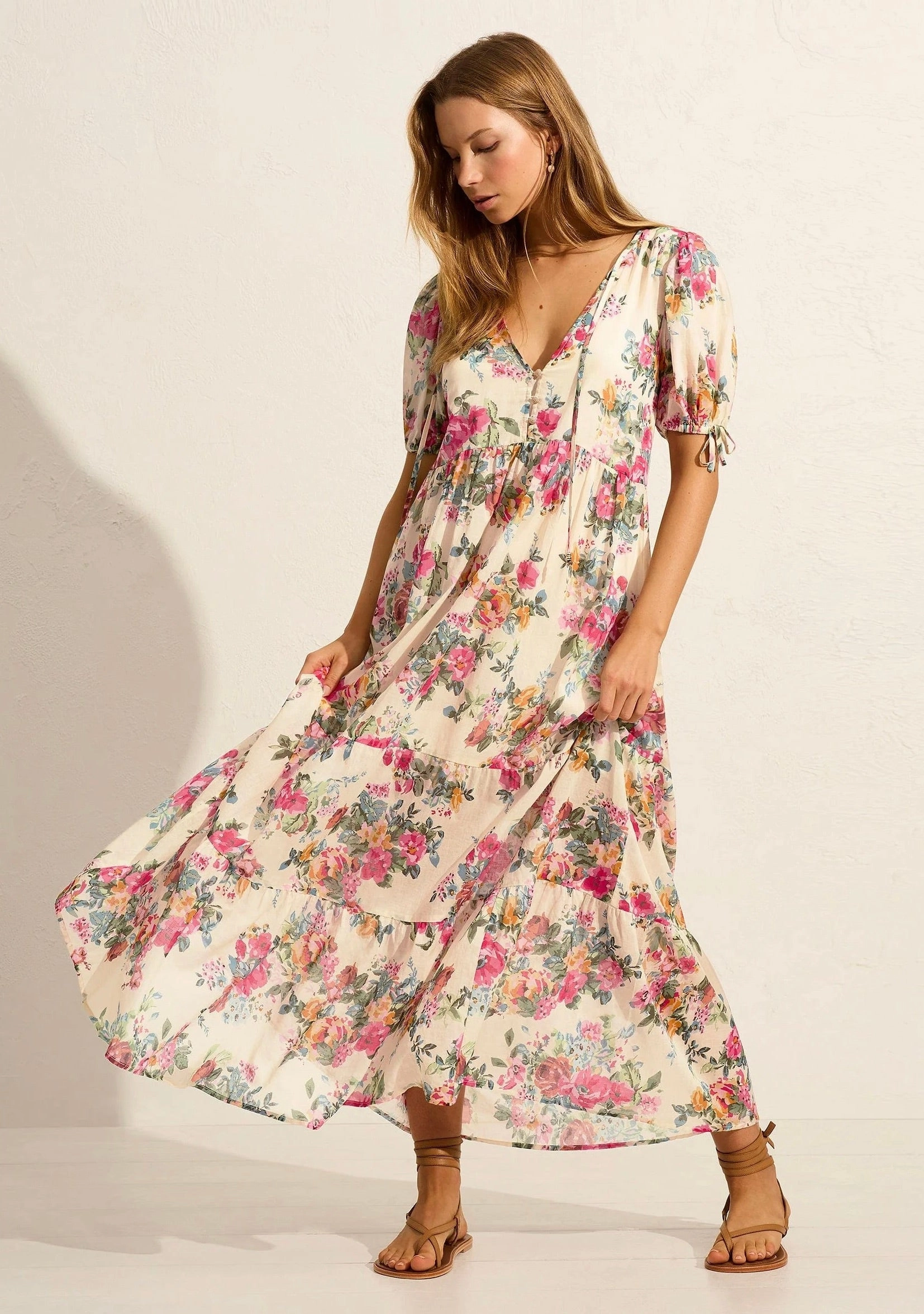 Evie Off White Floral Puff Sleeve Midi Dress Soft Draping