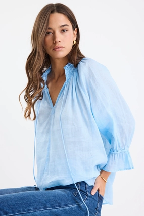 Tagless Labeling Expedition Ice Blue Ramie Shirred Neck Short Sleeve Top