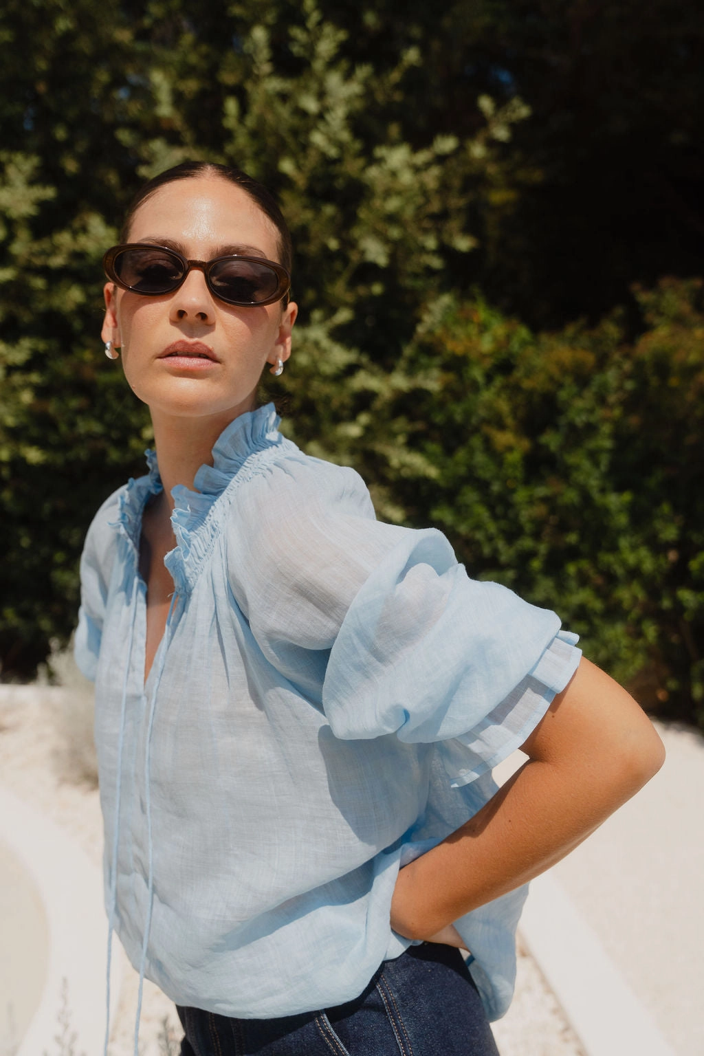 Airflow Mesh Panel Expedition Ice Blue Ramie Shirred Neck Short Sleeve Top