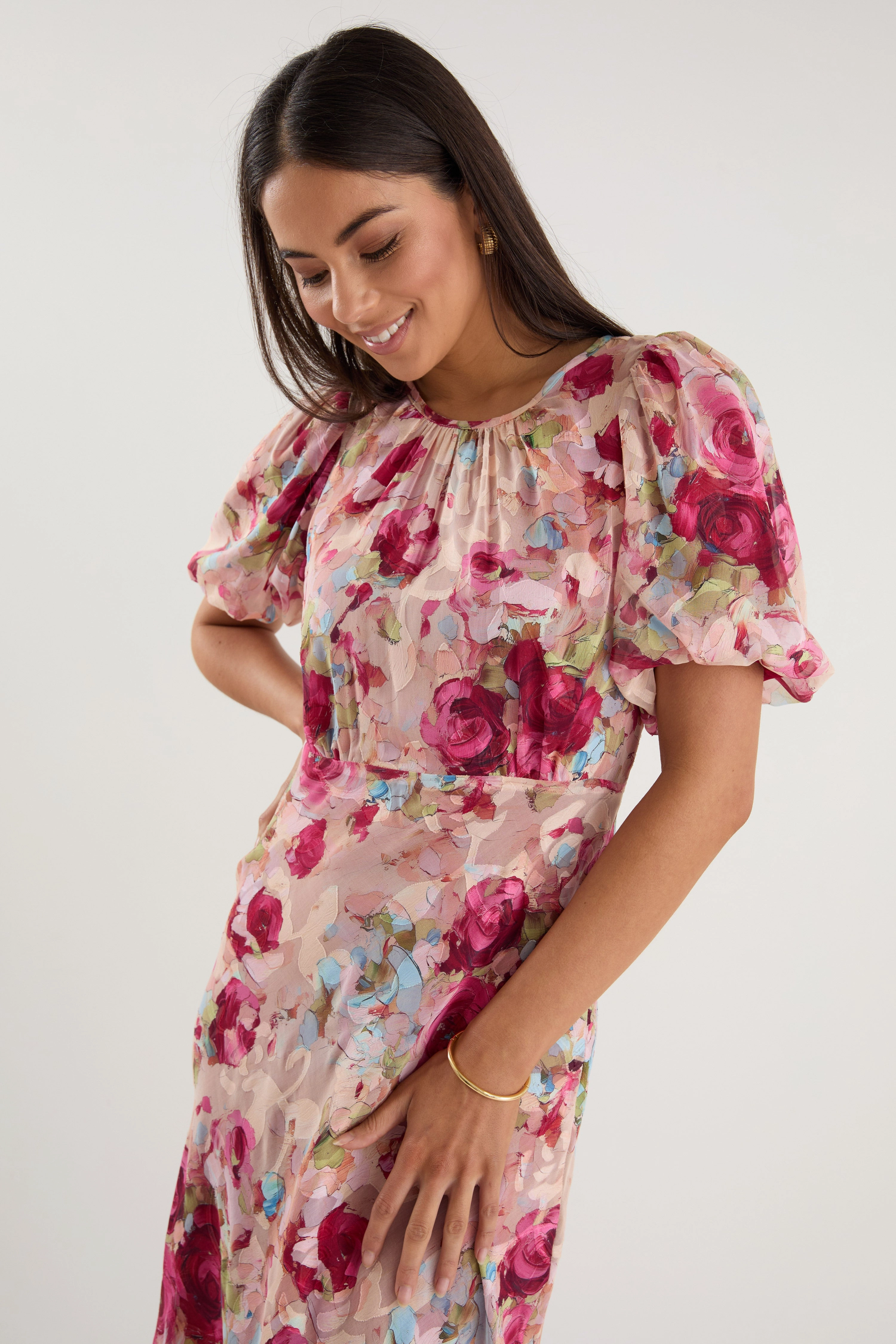 Exquisite Painted Rose Puff Sleeve Midi Dress Kind Glow Airy Fabric