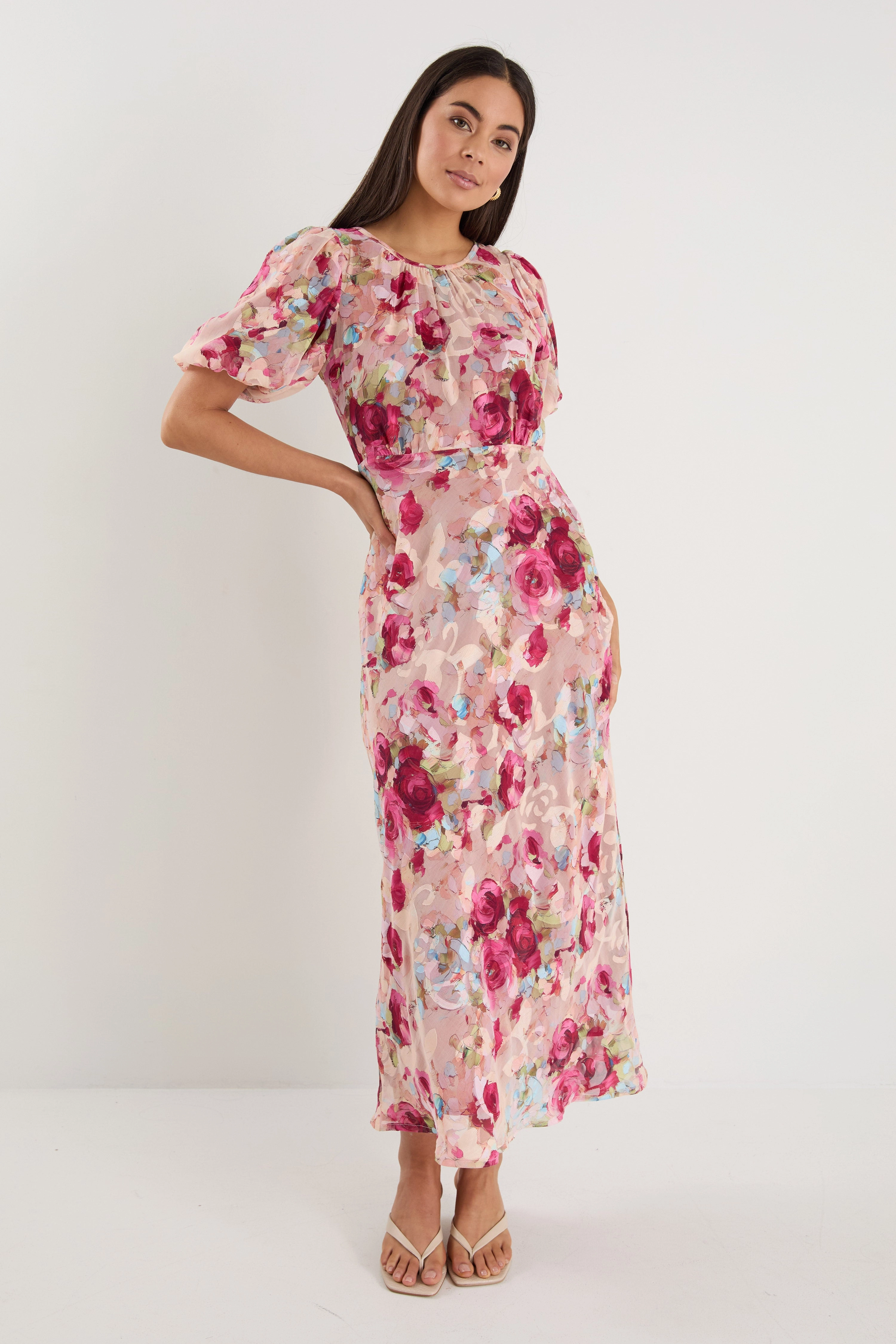 Wedding Style Exquisite Painted Rose Puff Sleeve Midi Dress