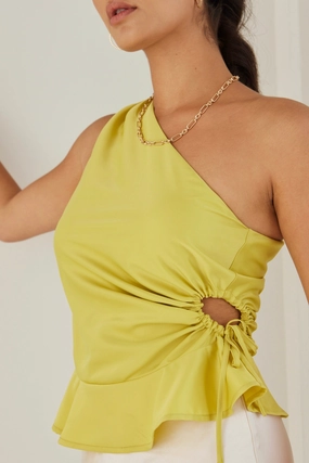 Fairytale Citron One Shoulder Cutout Top Basic Long Sleeve