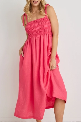 Vacation Fuchsia Strappy Shirred Midi Dress Relax Piece Lazy Pick