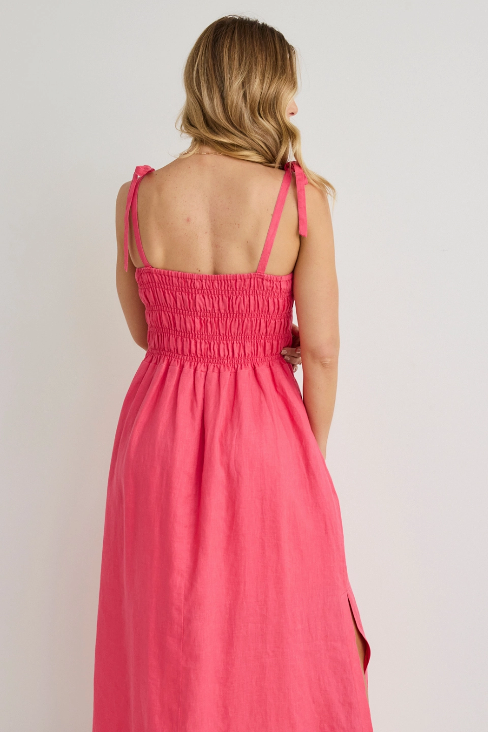 Timeless and Comfortable Vacation Fuchsia Strappy Shirred Midi Dress