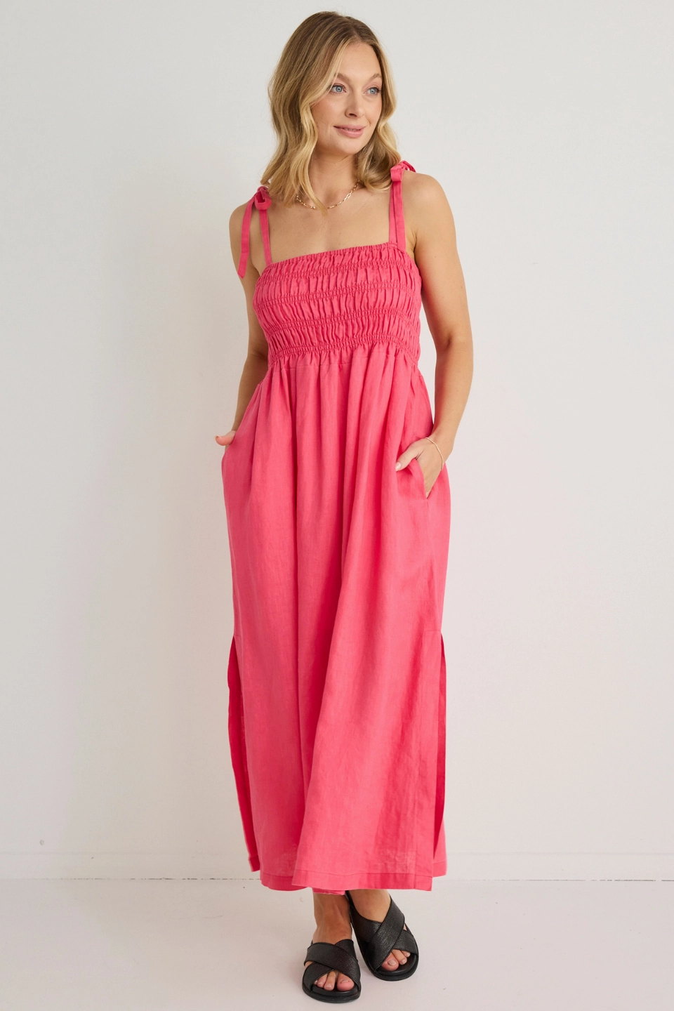 Live Soft Vacation Fuchsia Strappy Shirred Midi Dress