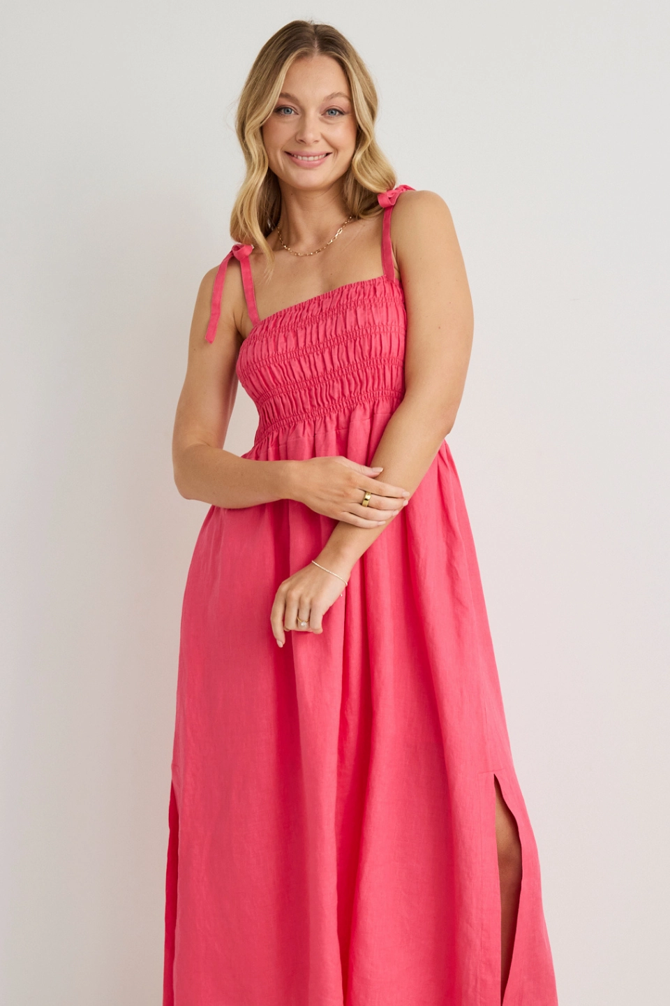 Flattering Fit Wear Vacation Fuchsia Strappy Shirred Midi Dress