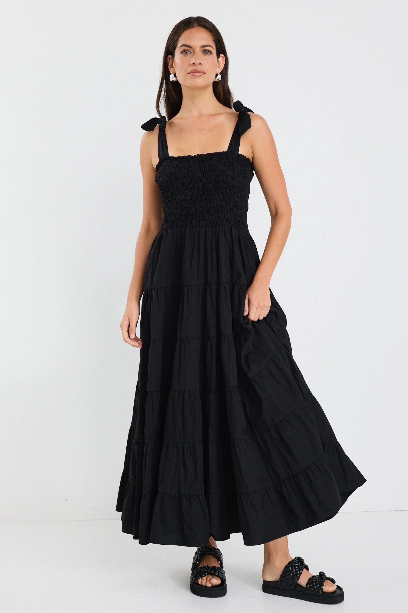 Isabella Black Cotton Poplin Strappy Tiered Maxi Dress Soft and Chic Tulle Flow
