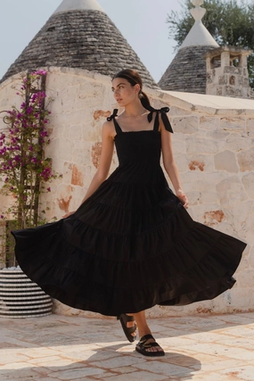 Isabella Black Cotton Poplin Strappy Tiered Maxi Dress Shine Dressy