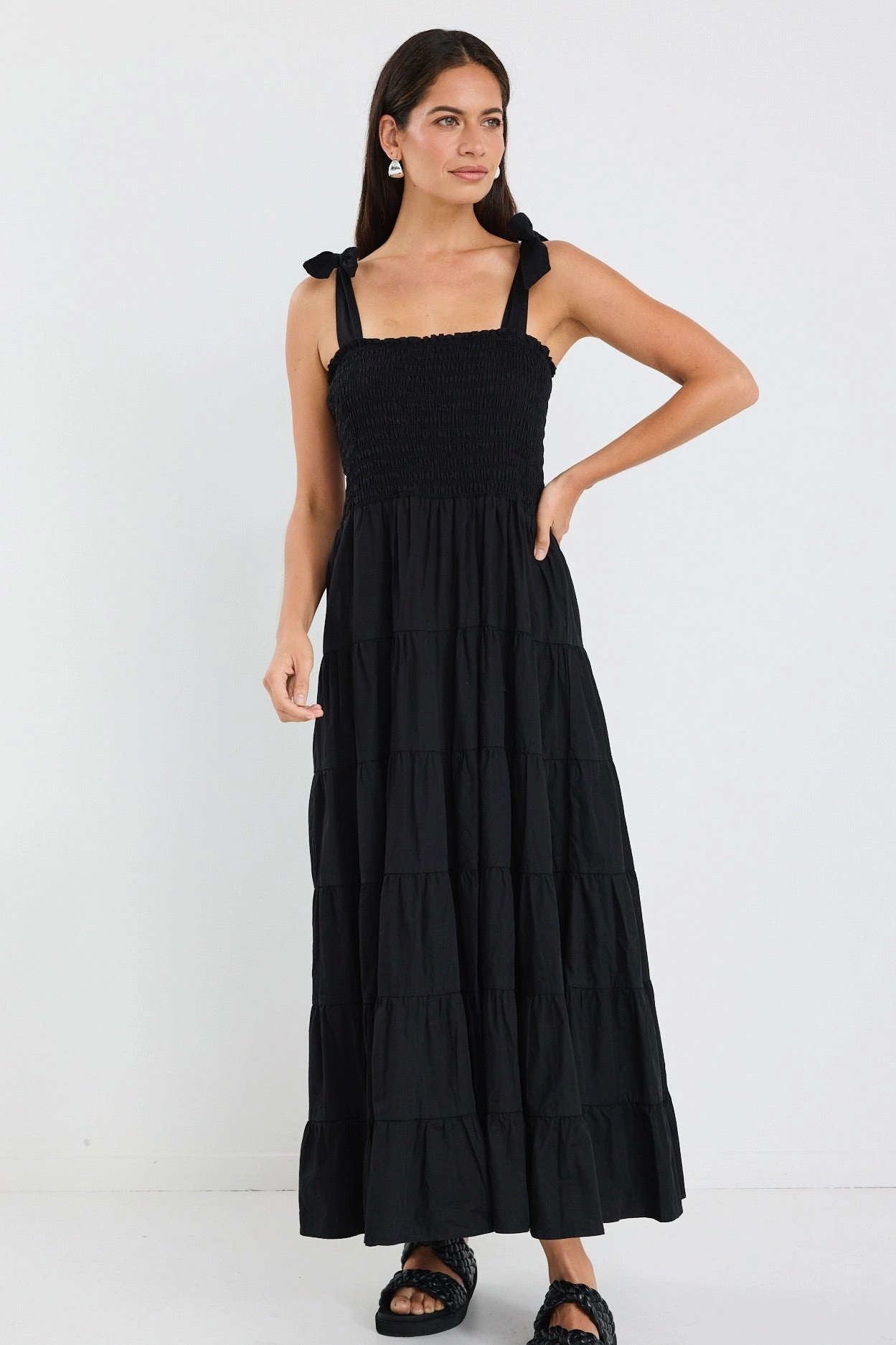 Exclusive-Design Isabella Black Cotton Poplin Strappy Tiered Maxi Dress