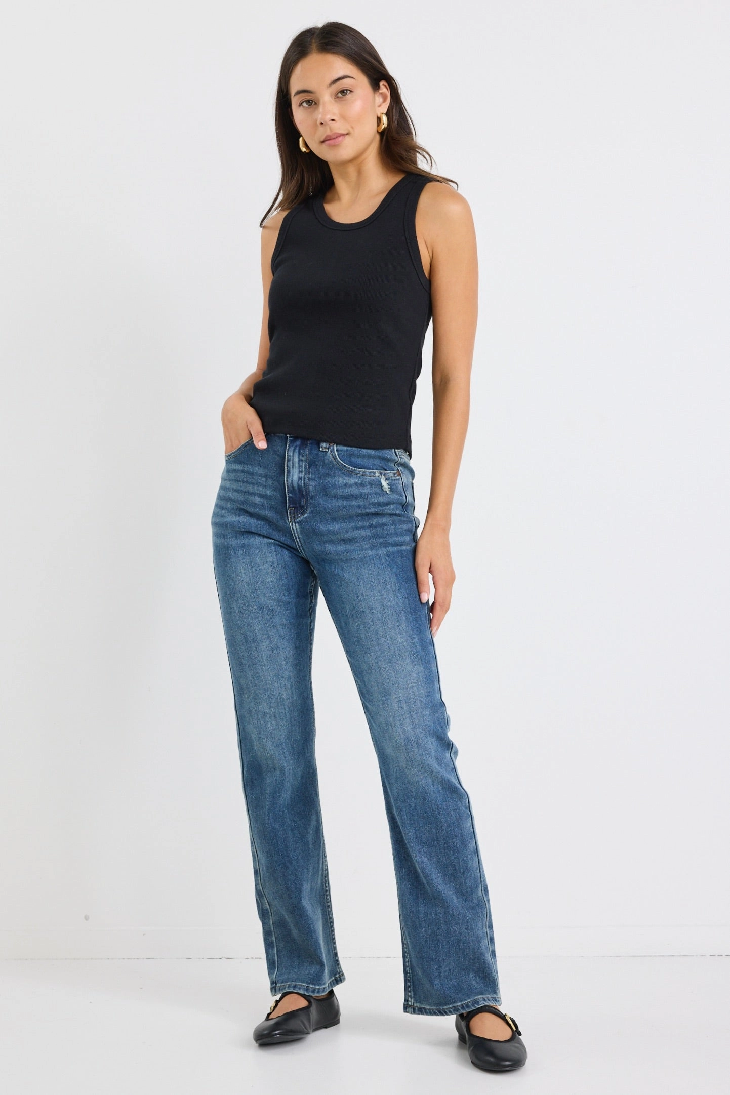 Farah Mid Blue High Rise Slim Straight Jean Fashionable Look