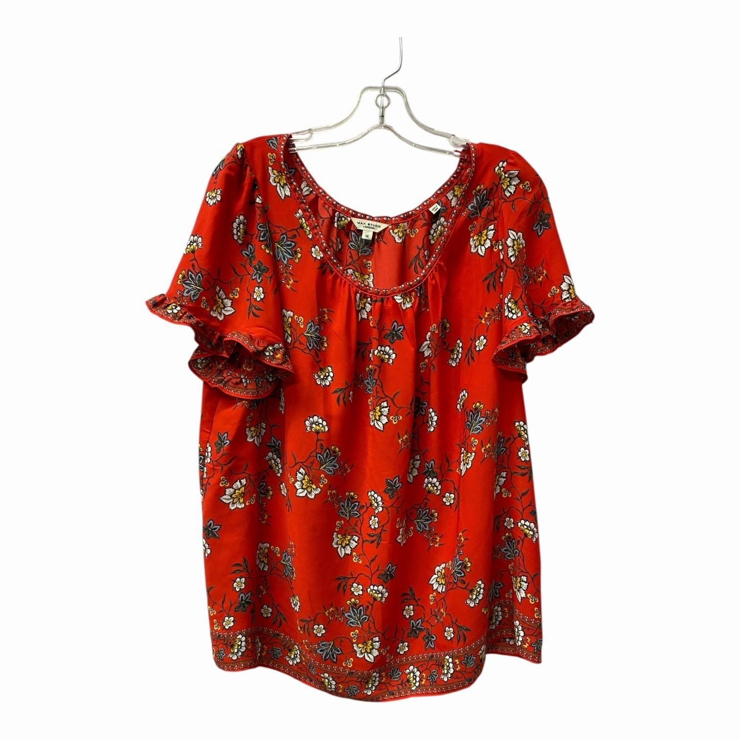 NonIrritating Fabric Top Ss By Max Studio In Red, Size:1X