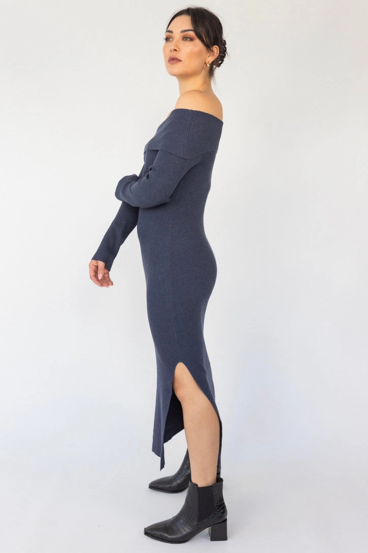 Airy Layer Cozy Silhouette Sophie Navy Marle Off Shoulder Rib Knit Midi Dress