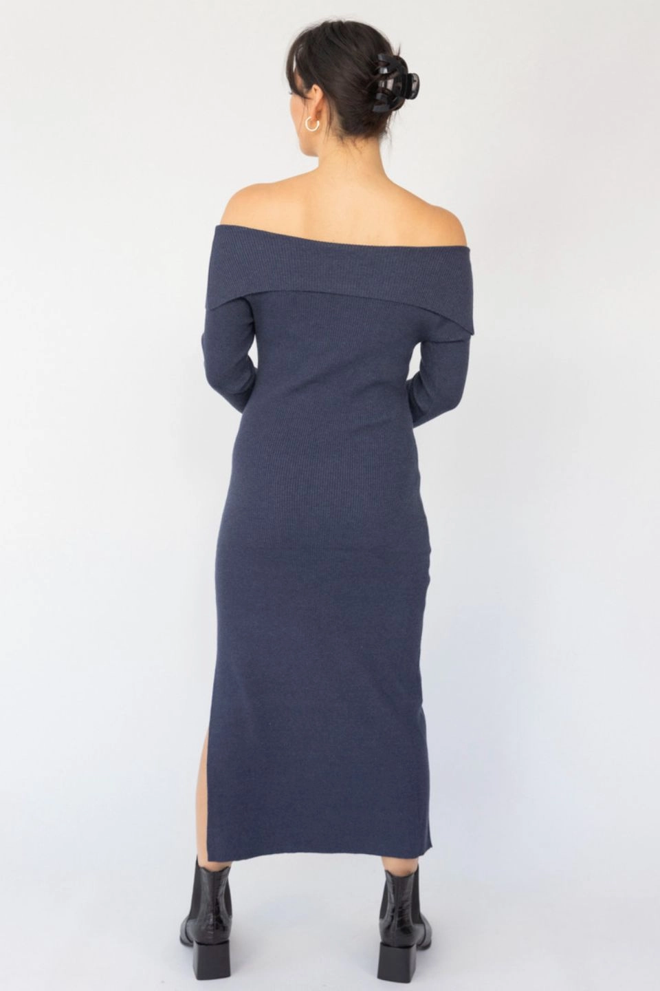 Sophie Navy Marle Off Shoulder Rib Knit Midi Dress Drape Wave Day-To-Night Wear