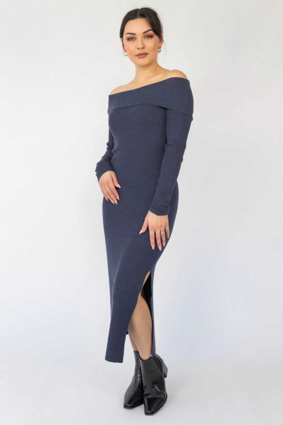 Sophie Navy Marle Off Shoulder Rib Knit Midi Dress Subtle Mood Sunset Look