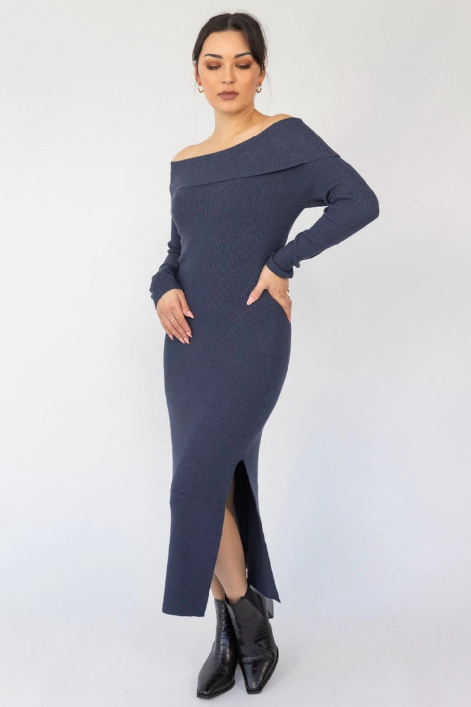 Fold-Over-Detail Sheer Light Sophie Navy Marle Off Shoulder Rib Knit Midi Dress