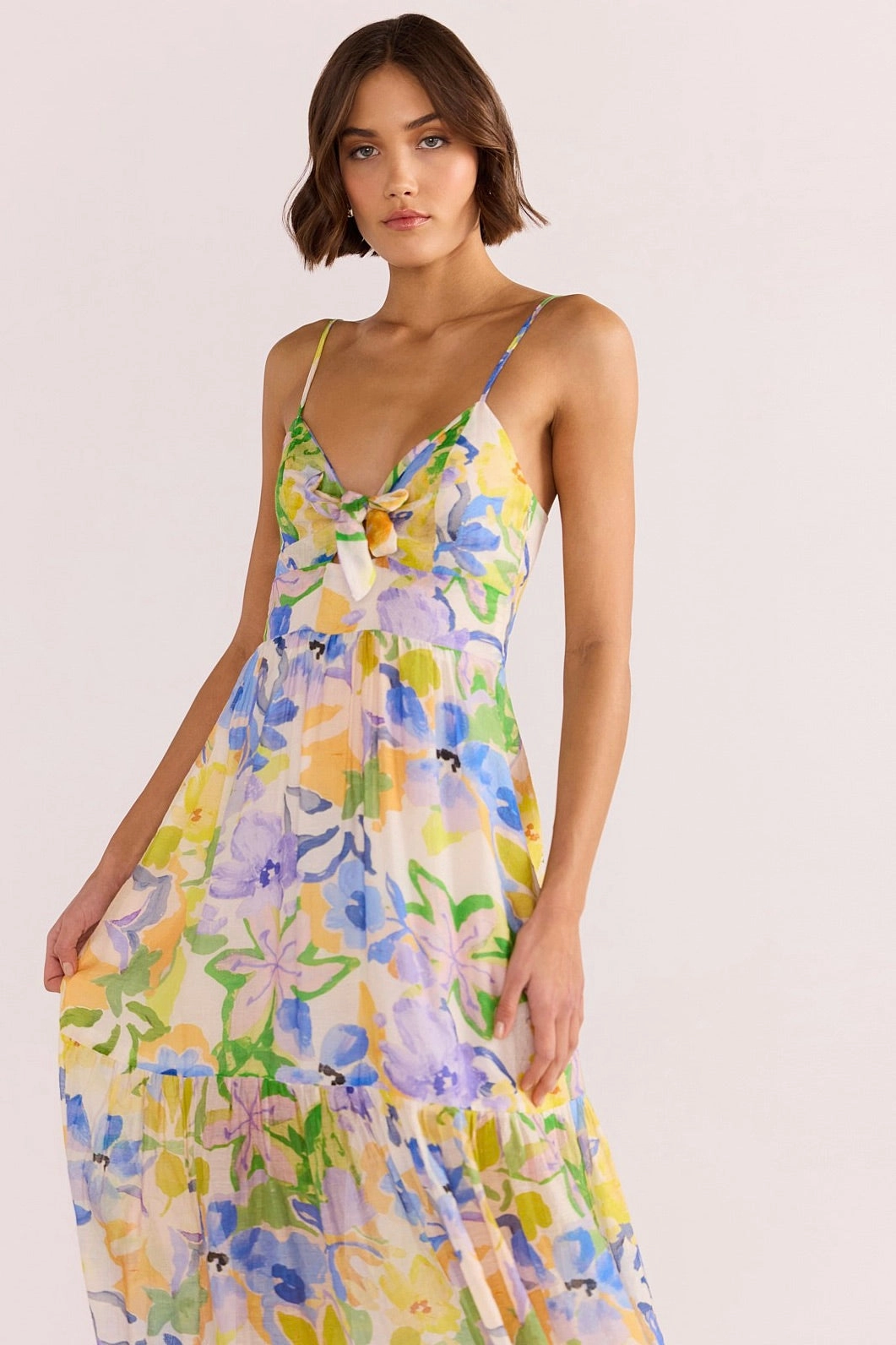 Trendy Layering Sage Detail Fable Painterly Floral Tie Midi Dress