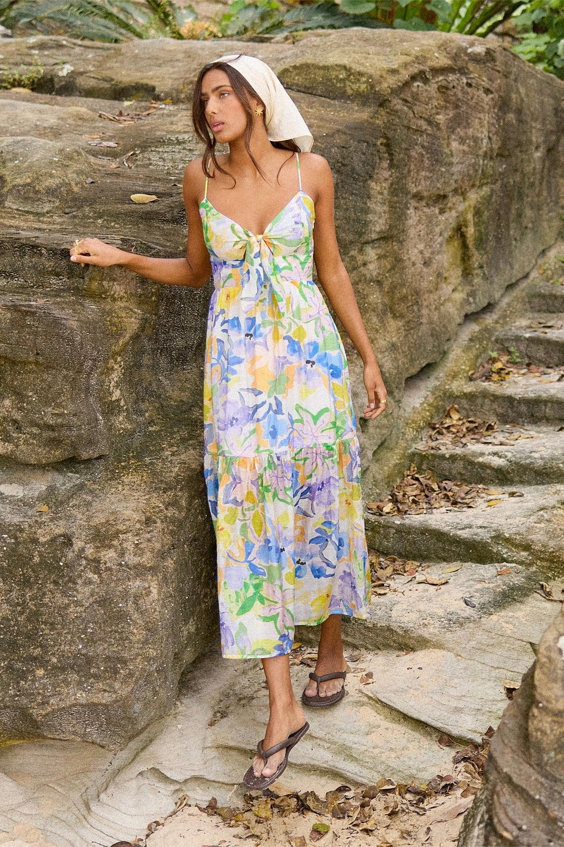 Fable Painterly Floral Tie Midi Dress Cotton Touch Lightweight Feel