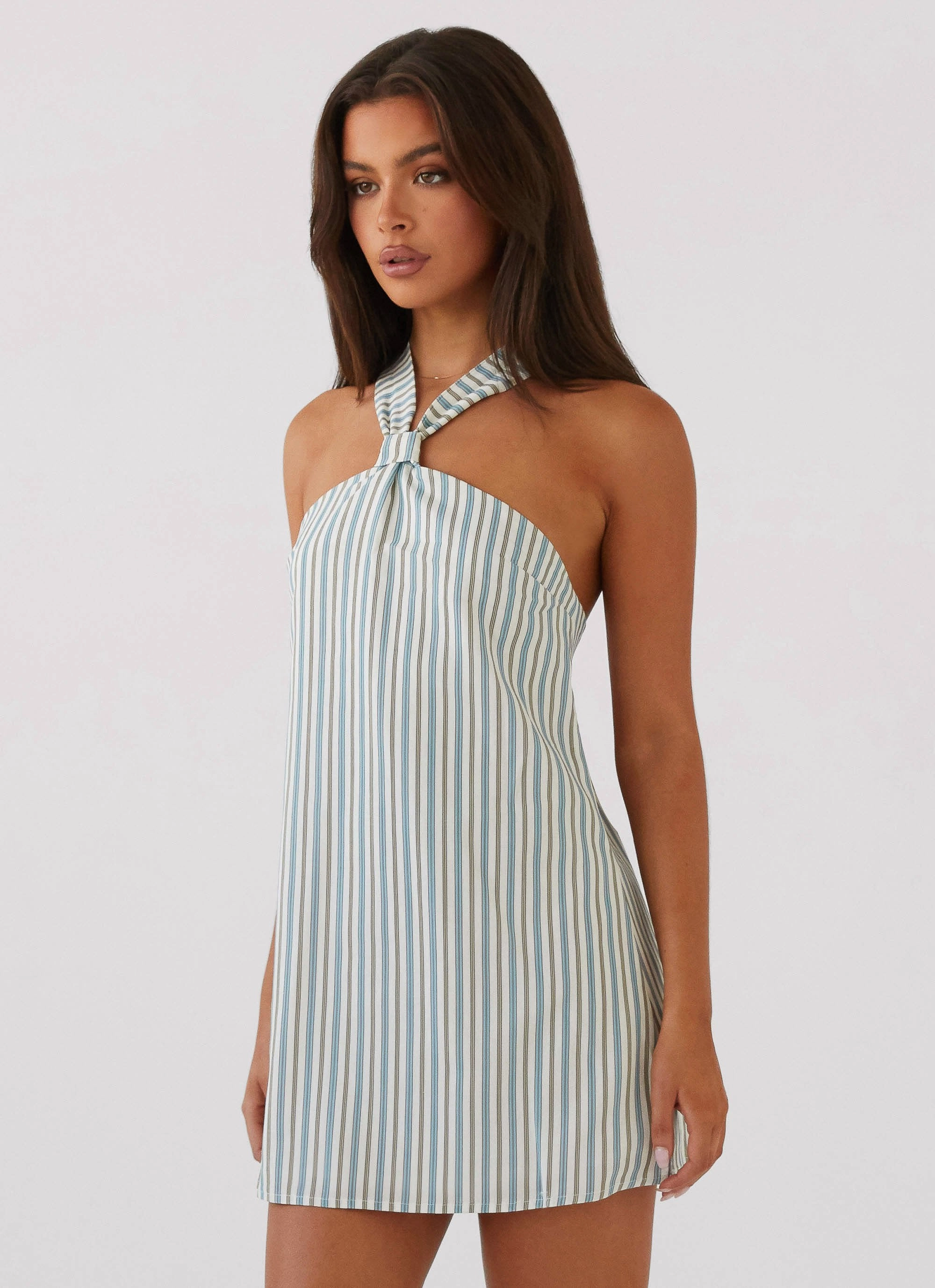 Keira Linen Mini Dress - Blue Choc Stripe Work Friendly