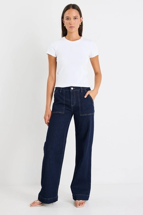 Trendy Design Feature Indigo Mid Rise Front Pocket Wide Leg Jean