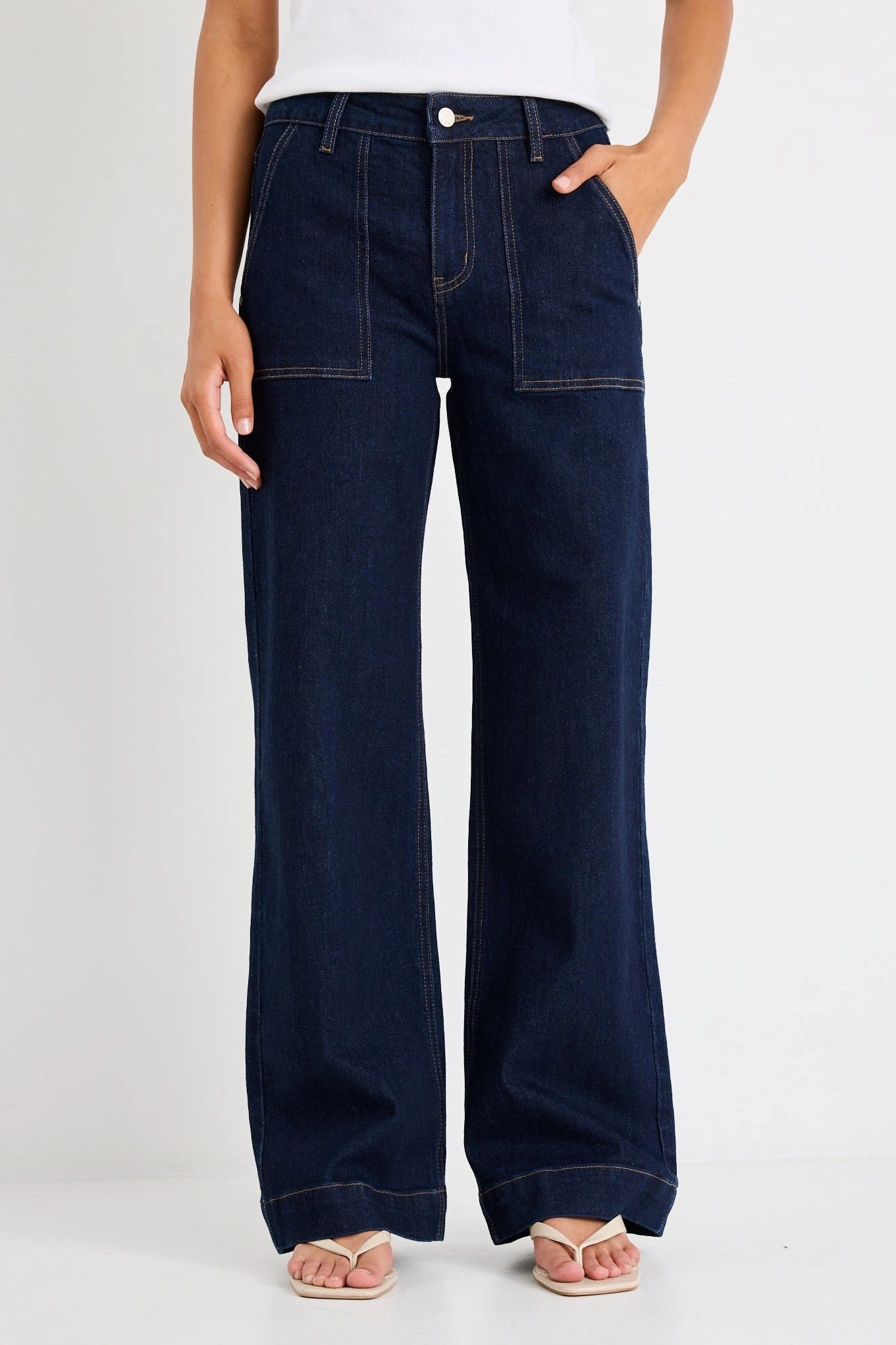 Feature Indigo Mid Rise Front Pocket Wide Leg Jean Layered Wear Dynamic Flex Panels
