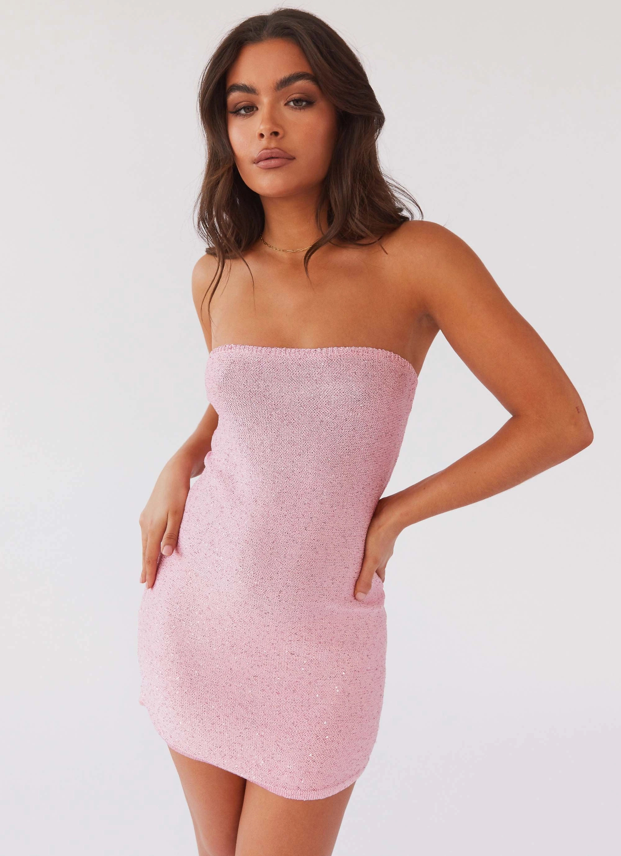 Minimal Curve Dance The Night Tube Knit Mini Dress - Pink Dusk