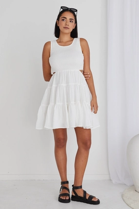 Movement Ready Harley White Sleeveless Waist Cut Out Tiered Mini Dress