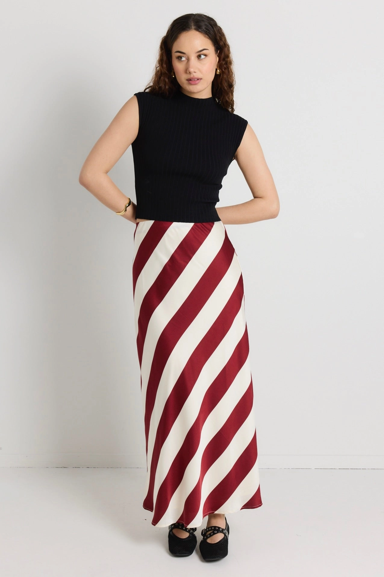 Fiery Plum Stripe Satin Bias Maxi Skirt Drawstring closure
