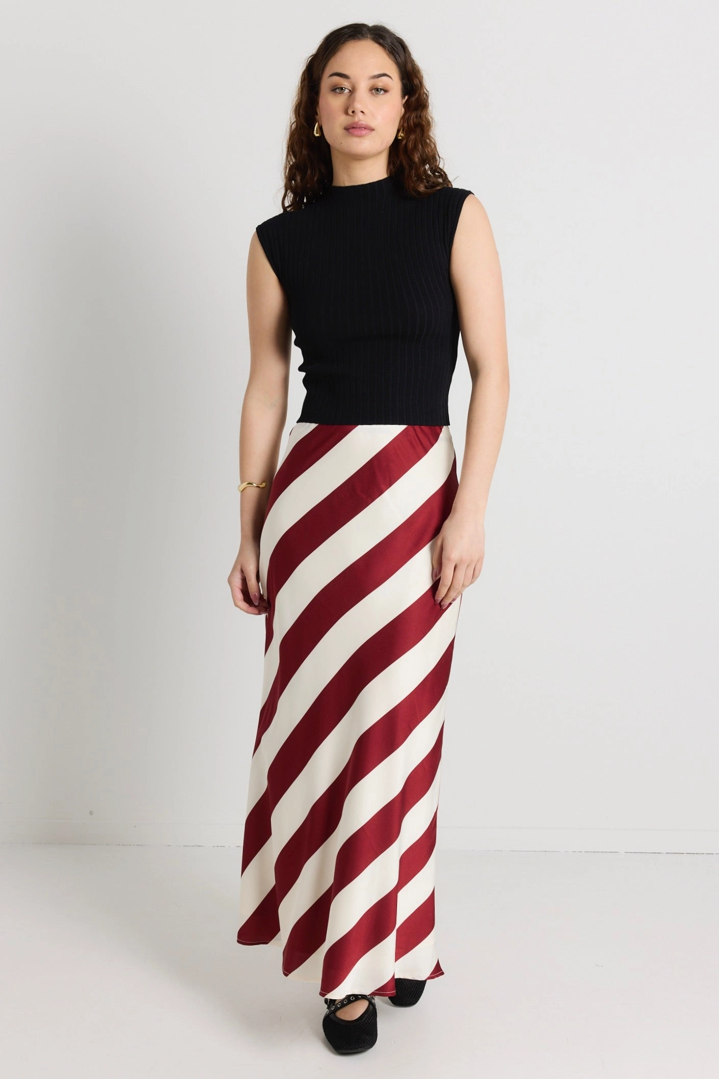 Chill Look Natural Mood Fiery Plum Stripe Satin Bias Maxi Skirt