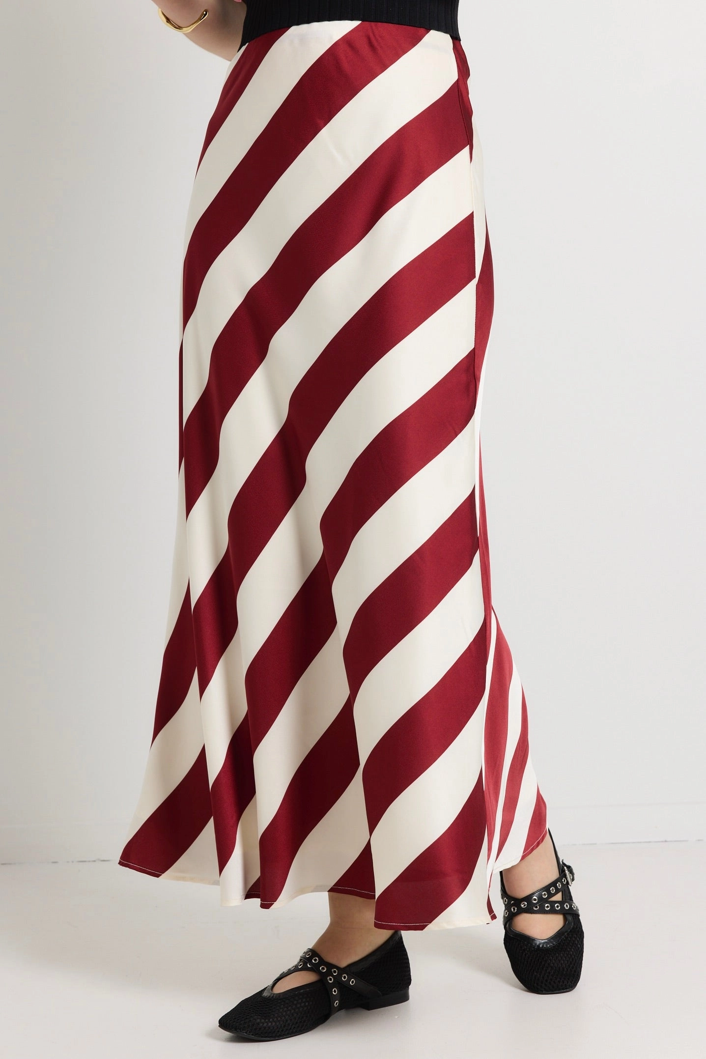 Outfit Shot Double Layered Design Fiery Plum Stripe Satin Bias Maxi Skirt
