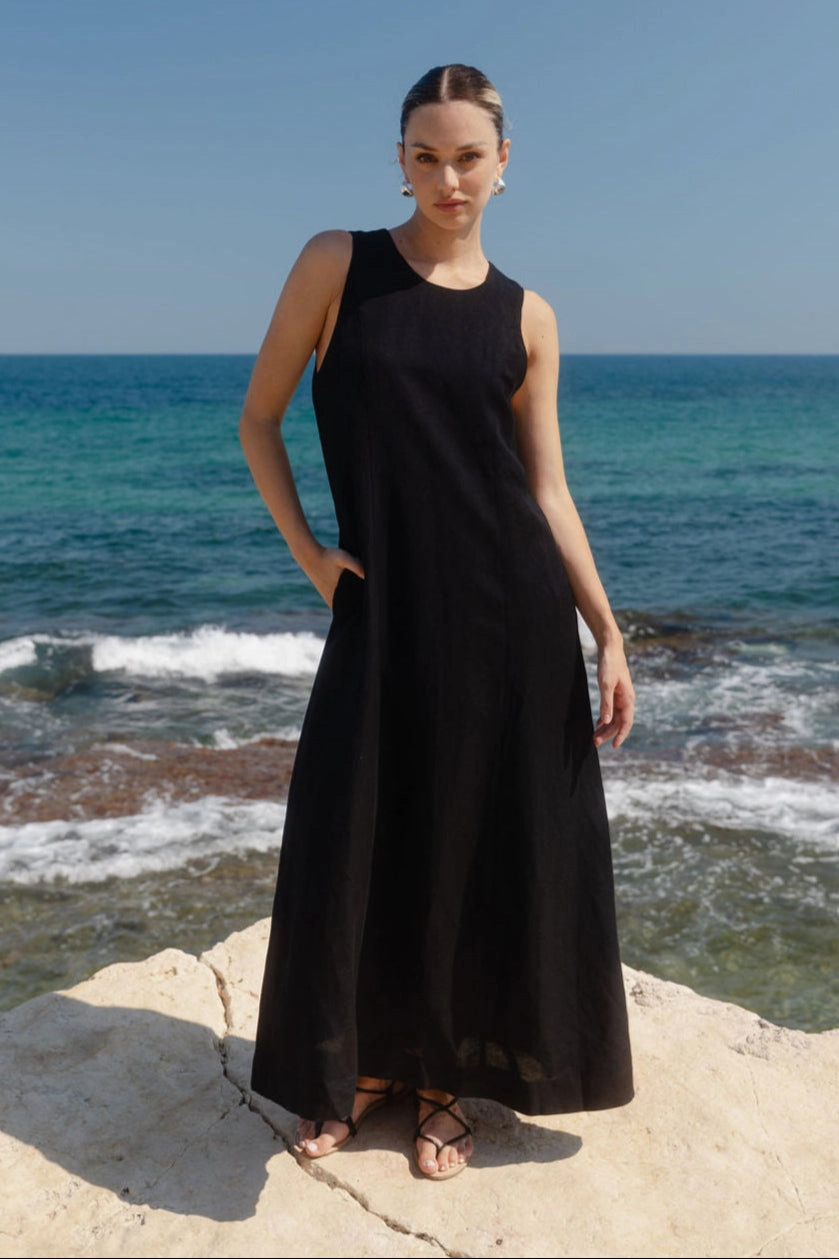 Easygoing Black Linen Blend Sleeveless Crew Neck Midi Dress Artistic Shape perfect for events