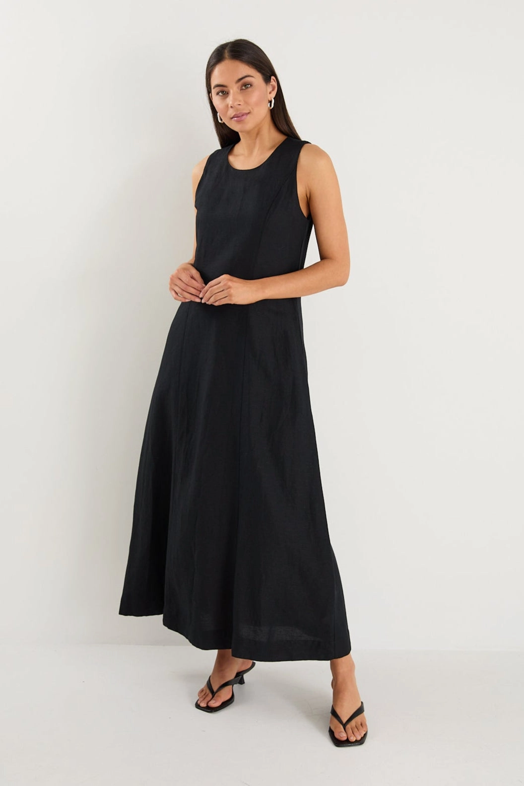 Versatile Layer Wear Easygoing Black Linen Blend Sleeveless Crew Neck Midi Dress