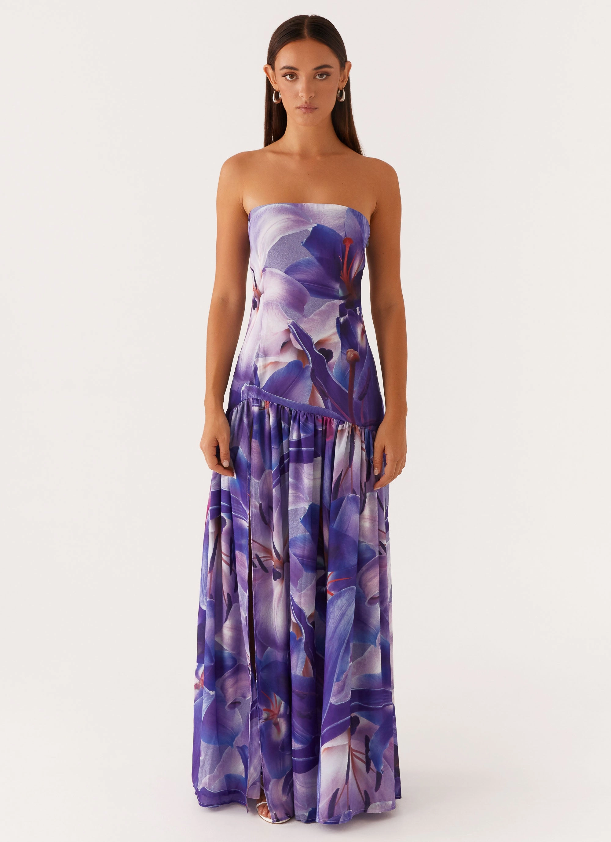 Eden Strapless Maxi Dress - Purple White Lilly Relaxed and Elegant