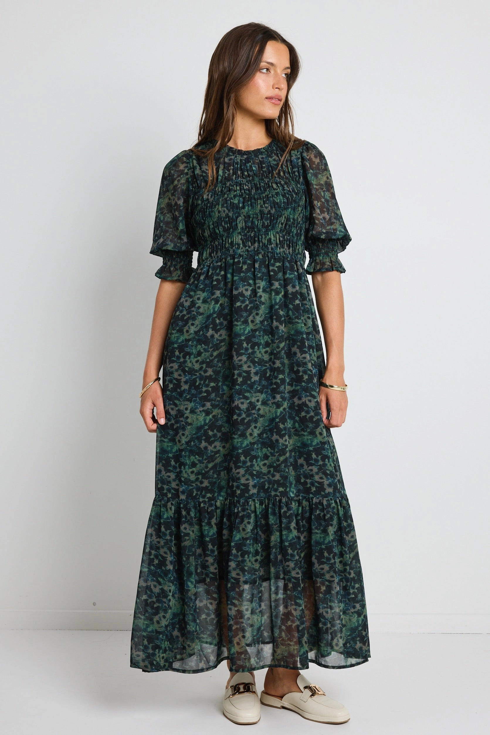 Showcase Khaki Ditsy Print Georgette Puff Sleeve Tiered Maxi Dress All-Day Comfort Wear Abrasion-resistant