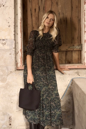 Showcase Khaki Ditsy Print Georgette Puff Sleeve Tiered Maxi Dress Artisanal-Detail Layer Light