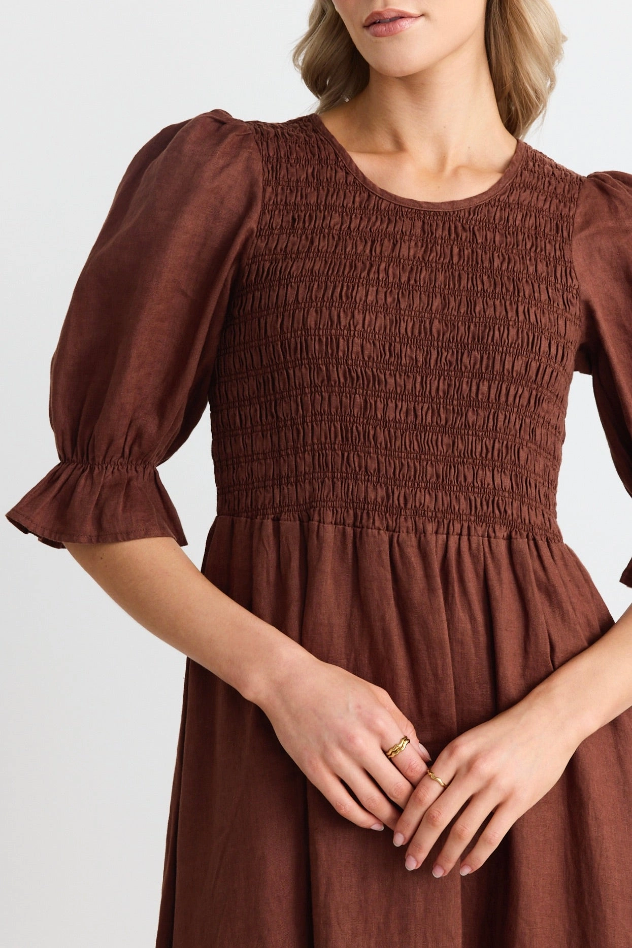 Happy Soul Relax Line Canary Chocolate Linen Puff Sleeve Shirred Bodice Midi Dress