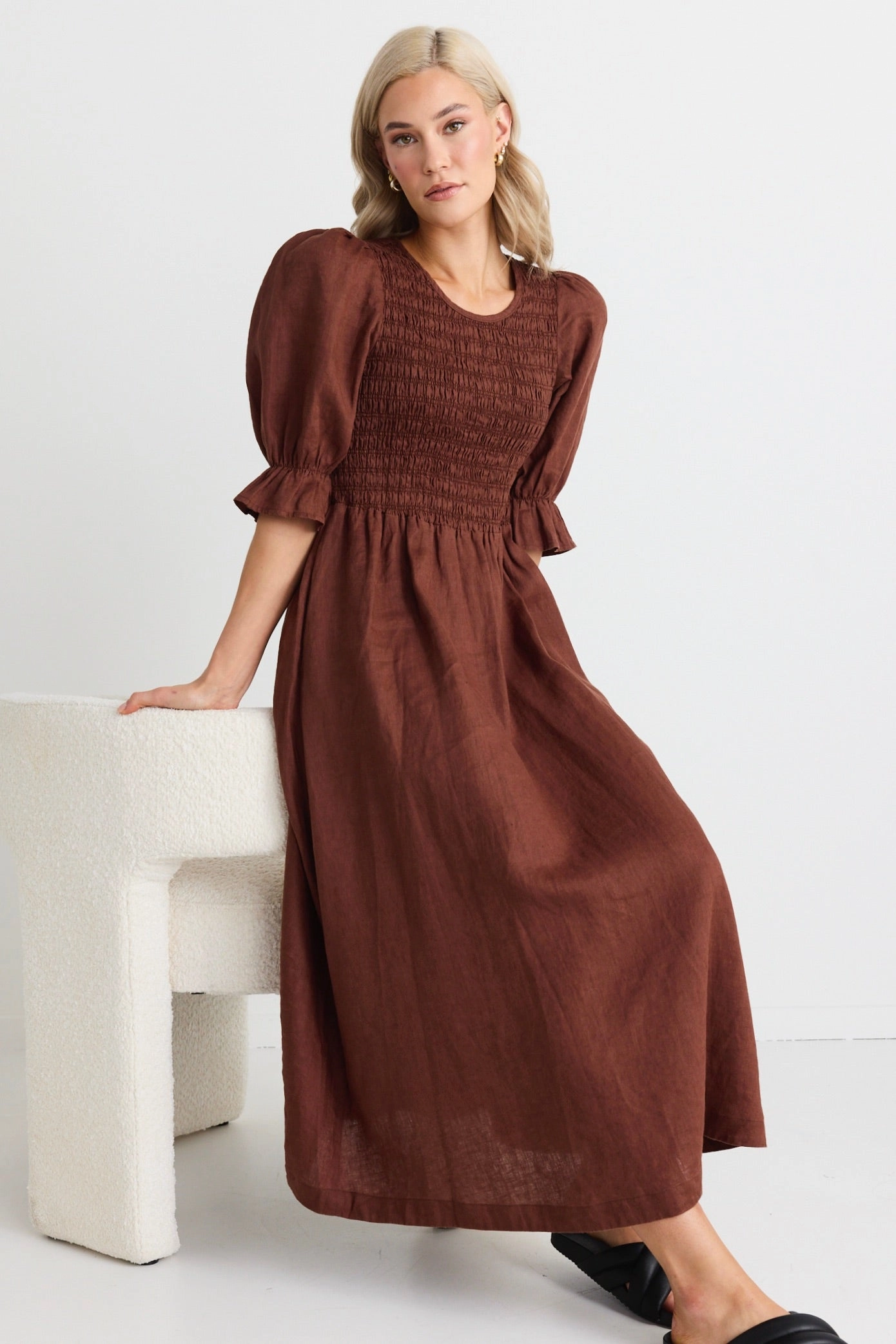 Canary Chocolate Linen Puff Sleeve Shirred Bodice Midi Dress Silky Surface Classic Grace