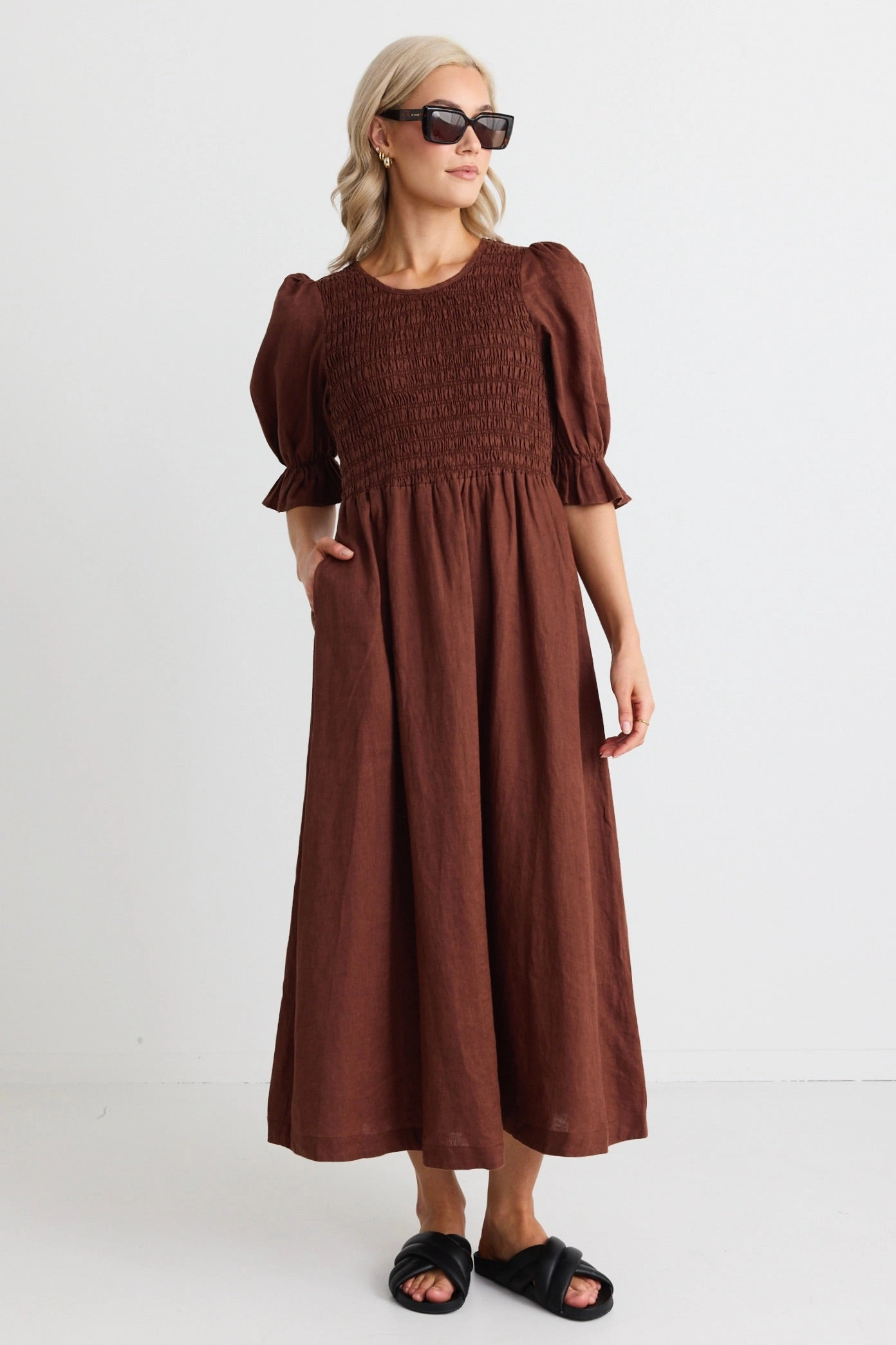 Relaxed work dress Canary Chocolate Linen Puff Sleeve Shirred Bodice Midi Dress