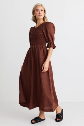 Canary Chocolate Linen Puff Sleeve Shirred Bodice Midi Dress Live Soft