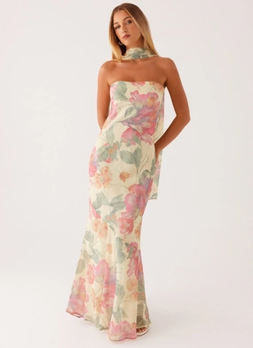Under The Pagoda Maxi Dress - Yellow Peony Crinkle Effect Perfect Layer