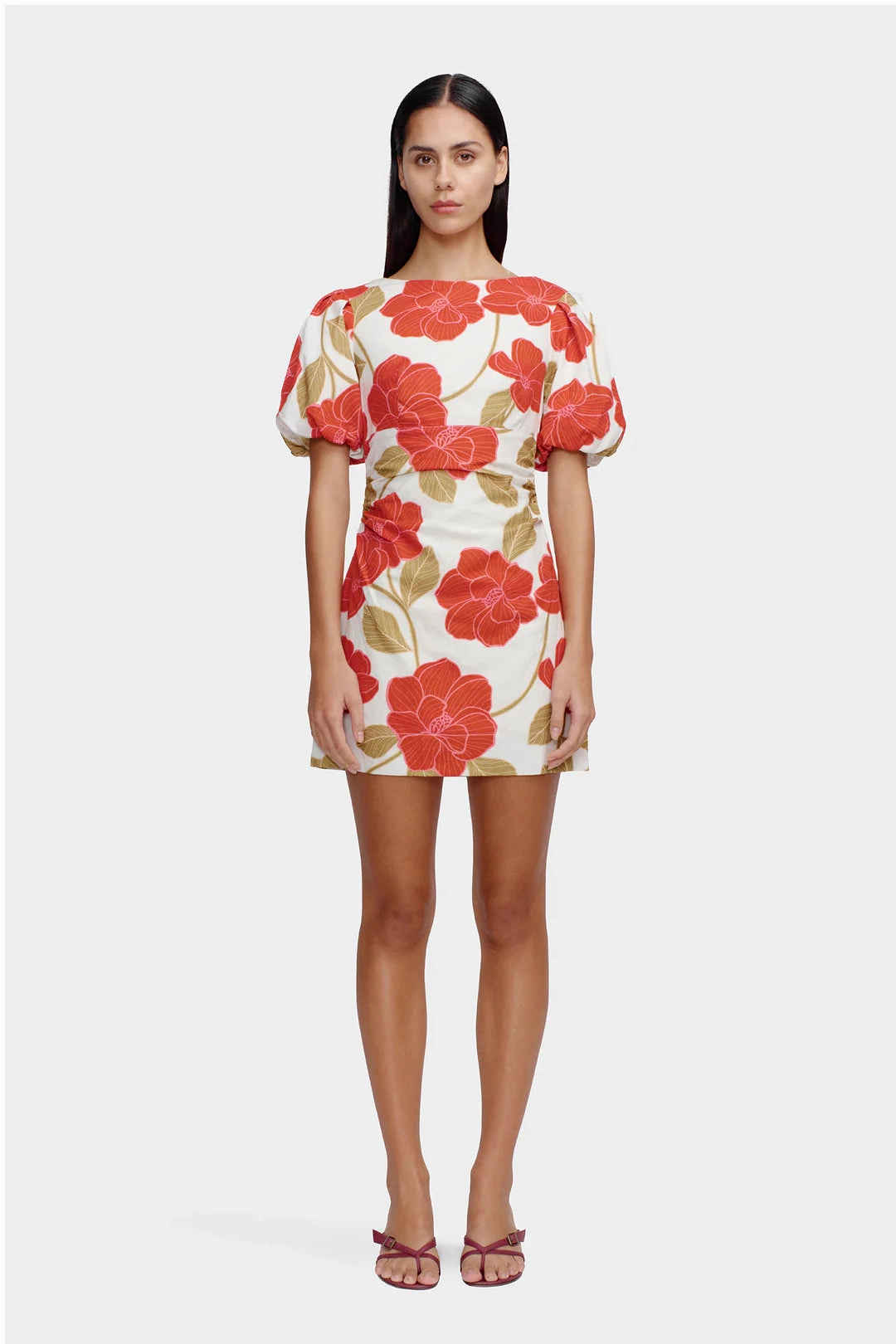 Kimberley Primrose Red Floral Puff Sleeve Mini Dress Cotton-Blend BreathableFabric