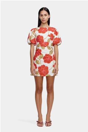 Kimberley Primrose Red Floral Puff Sleeve Mini Dress Cotton-Blend BreathableFabric