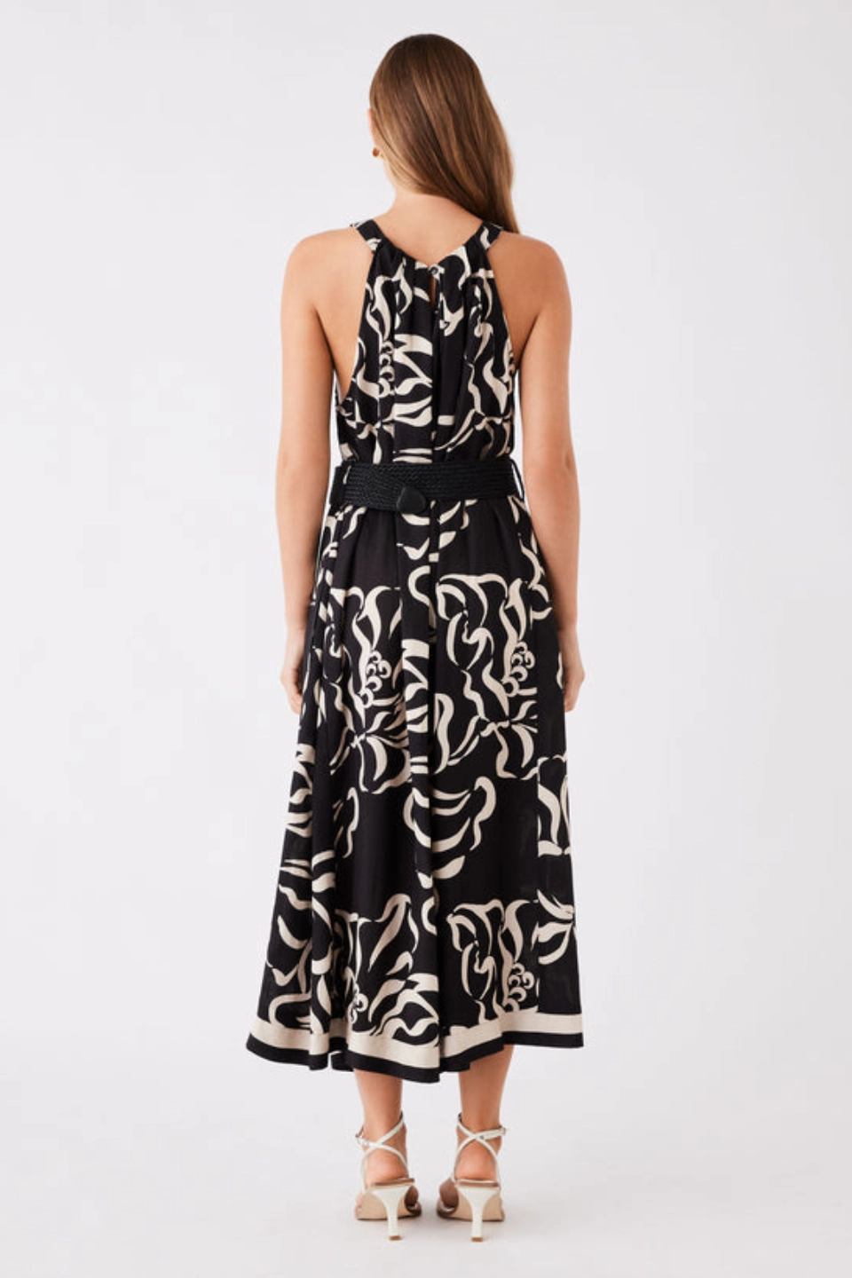 Clean Texture Sandy Wave Black Print High Neck Midi Dress