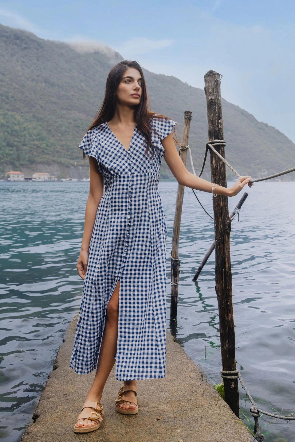 Flawless Navy Gingham Cotton Fluted Sleeve Button Front Midi Dress Work Option Cozy Tones