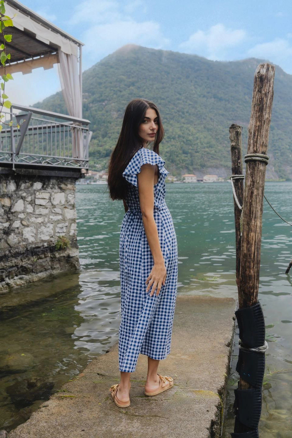 Flawless Navy Gingham Cotton Fluted Sleeve Button Front Midi Dress Body Harmony