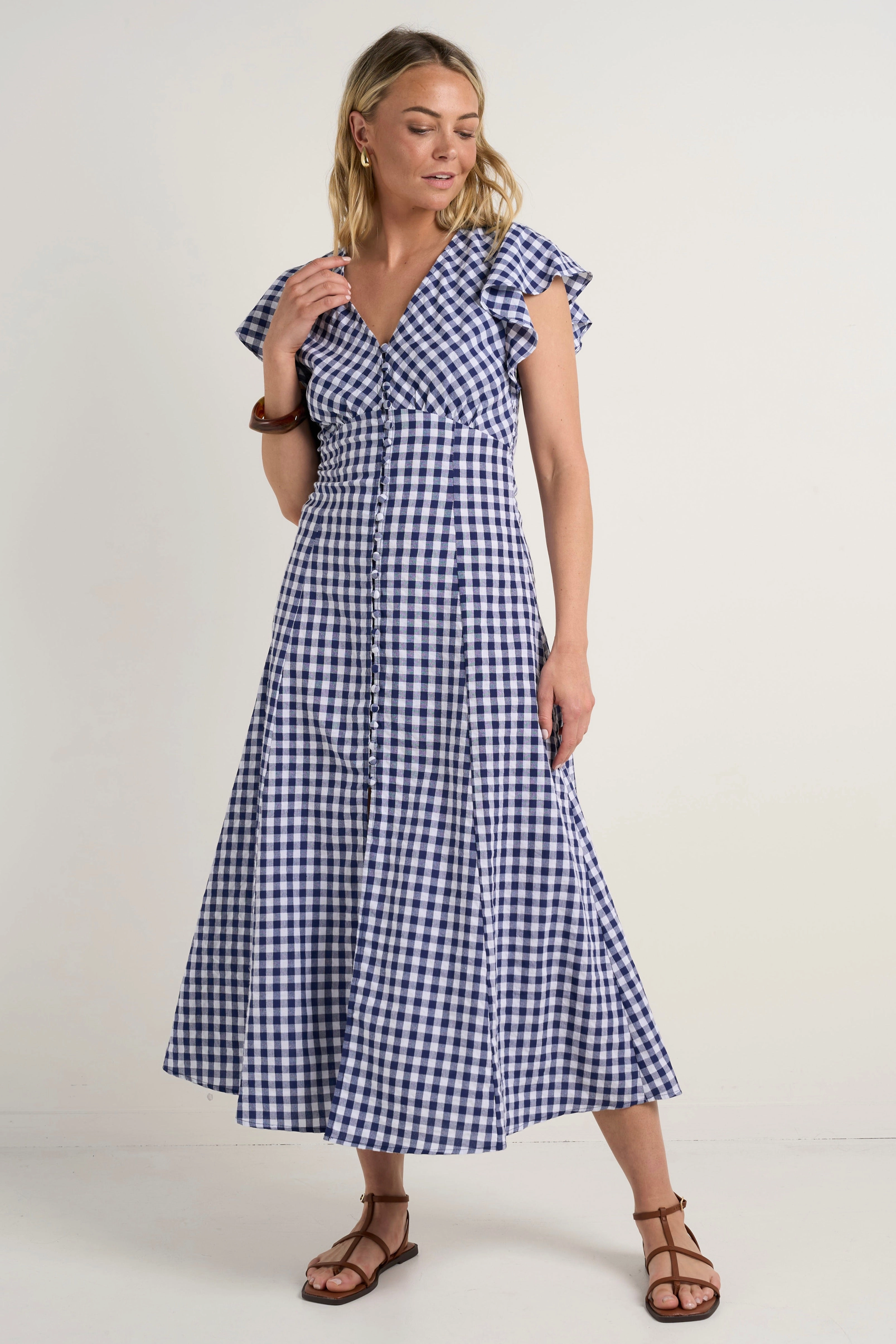 Flawless Navy Gingham Cotton Fluted Sleeve Button Front Midi Dress Subtle Detail