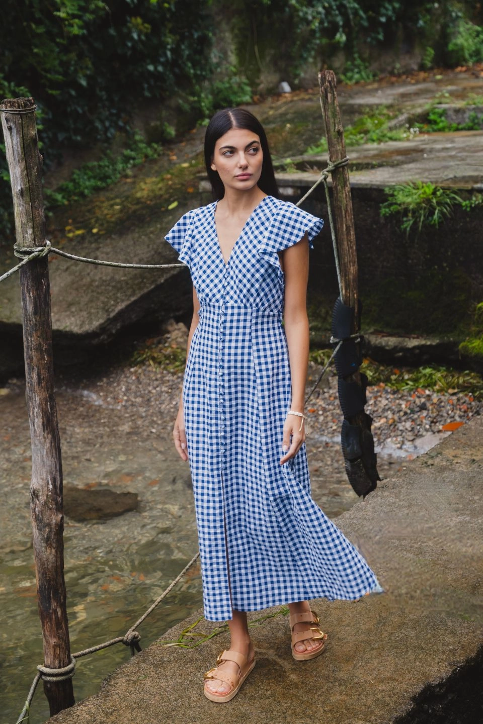 Work Chic City-Style Flawless Navy Gingham Cotton Fluted Sleeve Button Front Midi Dress