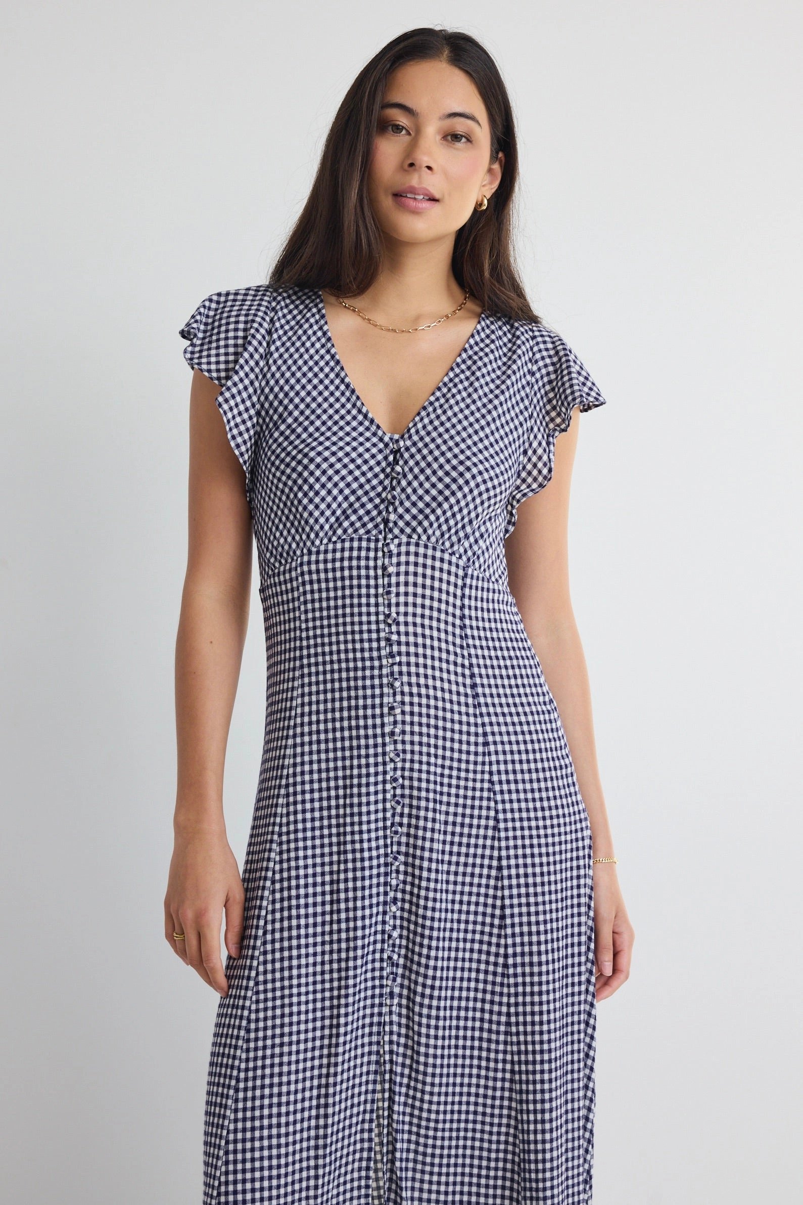 Delicate Lines Sheer-Overlay Flawless Navy Gingham Fluted Sleeve Button Front Midi Dress