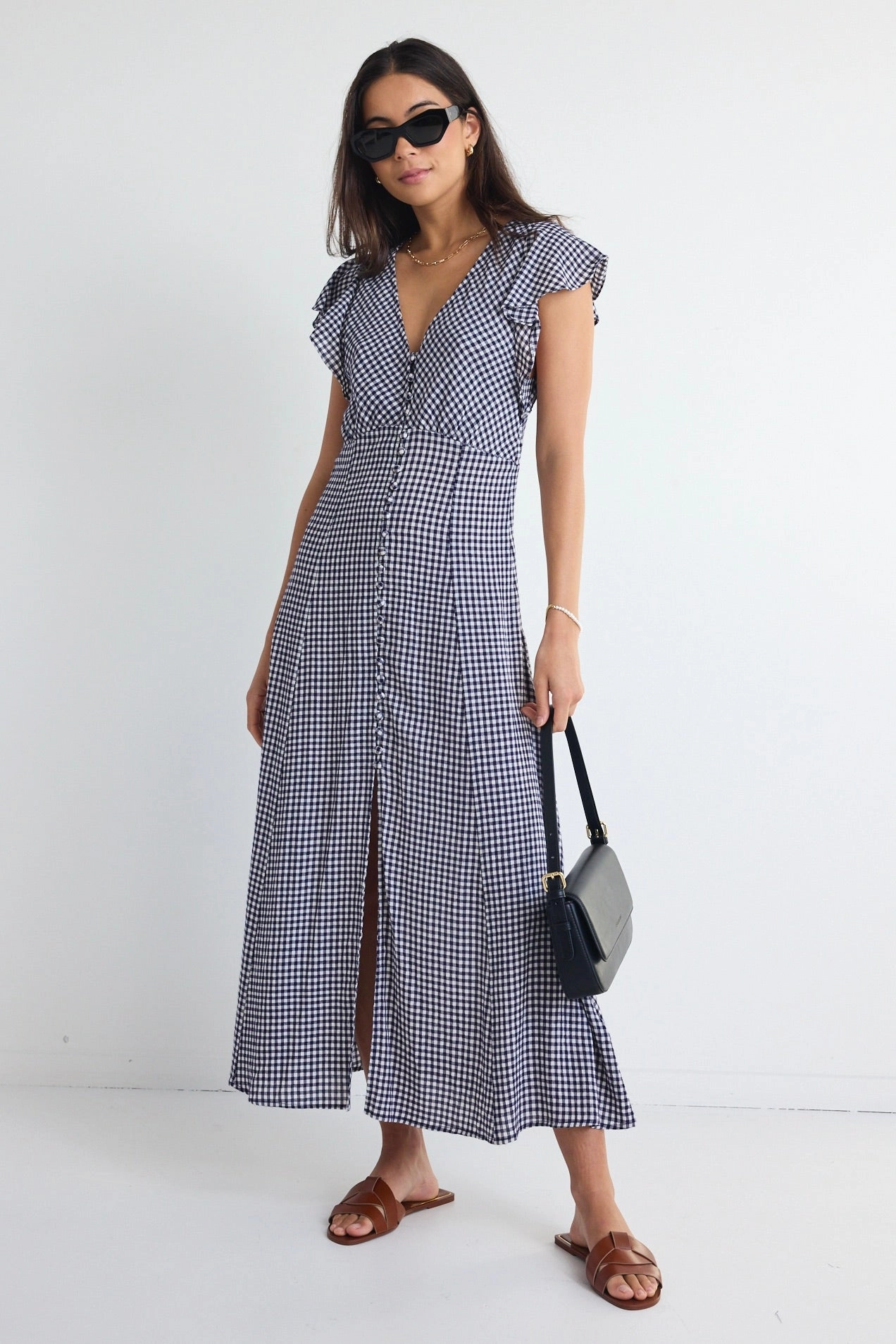 Sheer Layer Travel Friendly Flawless Navy Gingham Fluted Sleeve Button Front Midi Dress